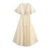 Spring 2025 Women's European-American Fashion V-Neck Lace Patchwork Pleated Long Dress