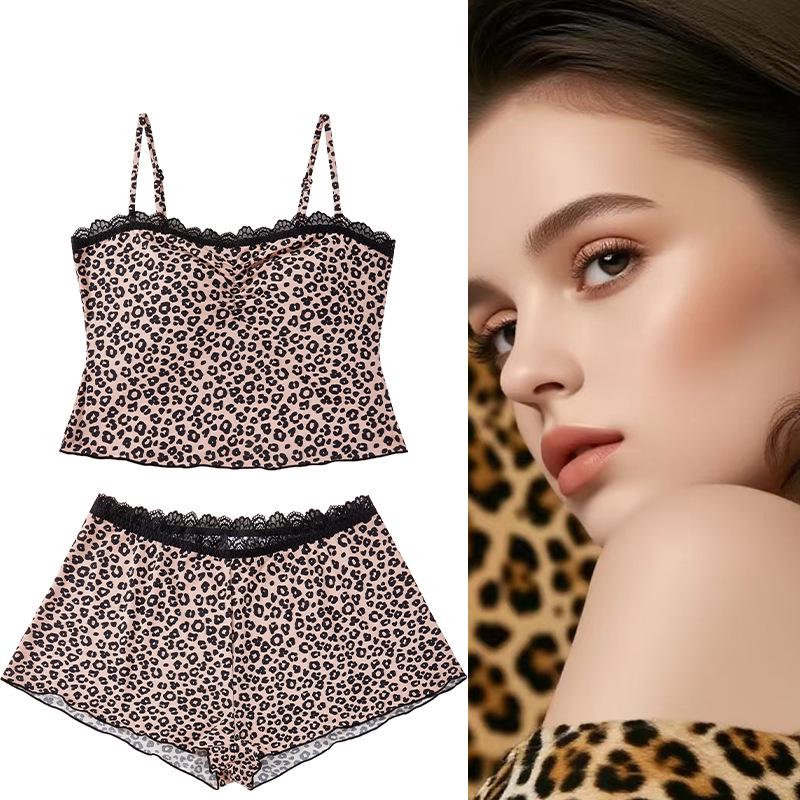 

2025 Европейский и американский леопардовый принт, кружевная отделка, майка, пижамный комплект - Сексуальная и удобная летняя домашняя одежда M цветной печати леопарда