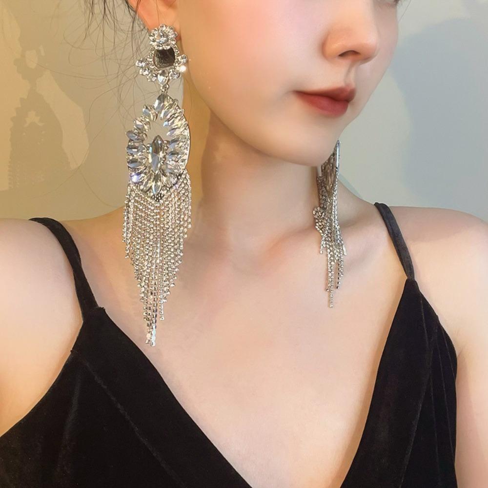 1 Pair Fashion Long Tassel Dangle Earrings Bling Bling Exaggerated Earrings Banquet