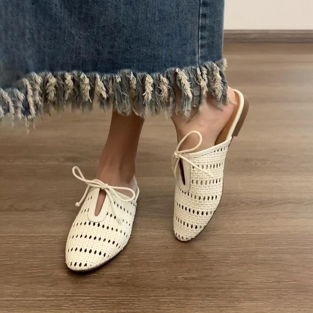 Sheepskin Version Design Sense Woven Hollow Breathable Bag Head Half Slippers Women's Wear Bow Casual Flat Bottom Sandals