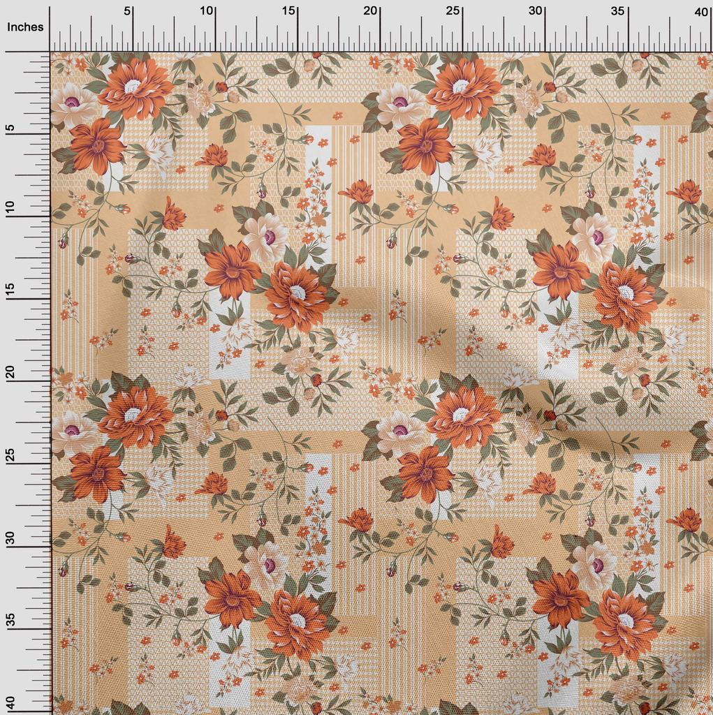 oneOone Cotton Flex Dark Beige Fabric Asian Floral With Geometrical Texture Sewing Craft Projects Fabric Prints By Yard 40 Inch