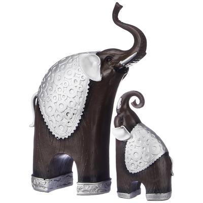 Thai Style Elephant Figurines Mother & Child Elephant Fengshui Resin Sculptures for Home Decor Ornament (Set of 2, Brown and Silver)