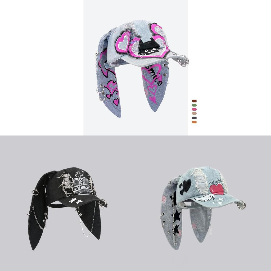 Postapocalyptic Rabbit Ear Distressed Baseball Cap With Sunblock For Street Fashion Enthusiasts