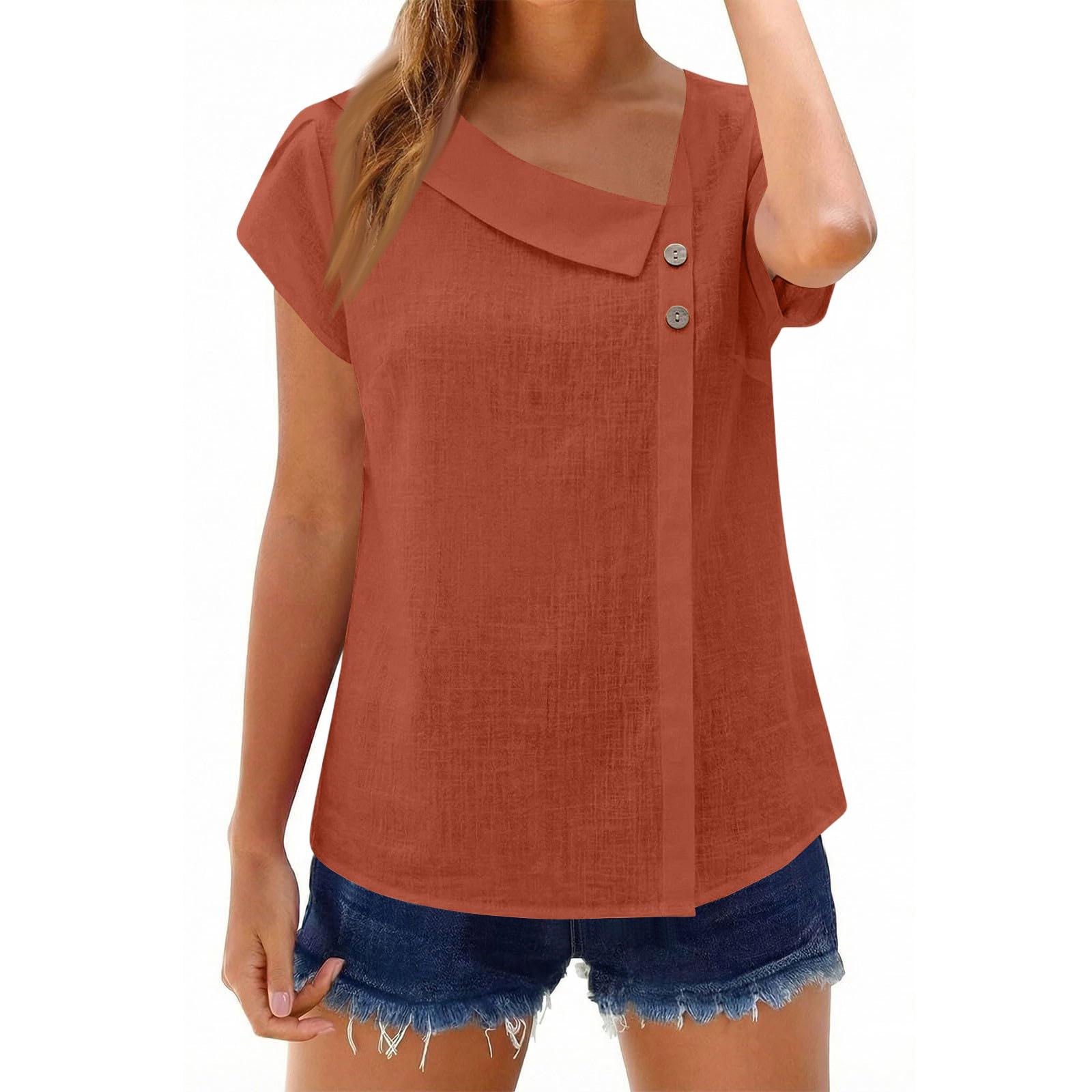 

Womens Cotton Linen Tops Asymmetric Neck Short Sleeve Shirts With Buttons XL шафрановий