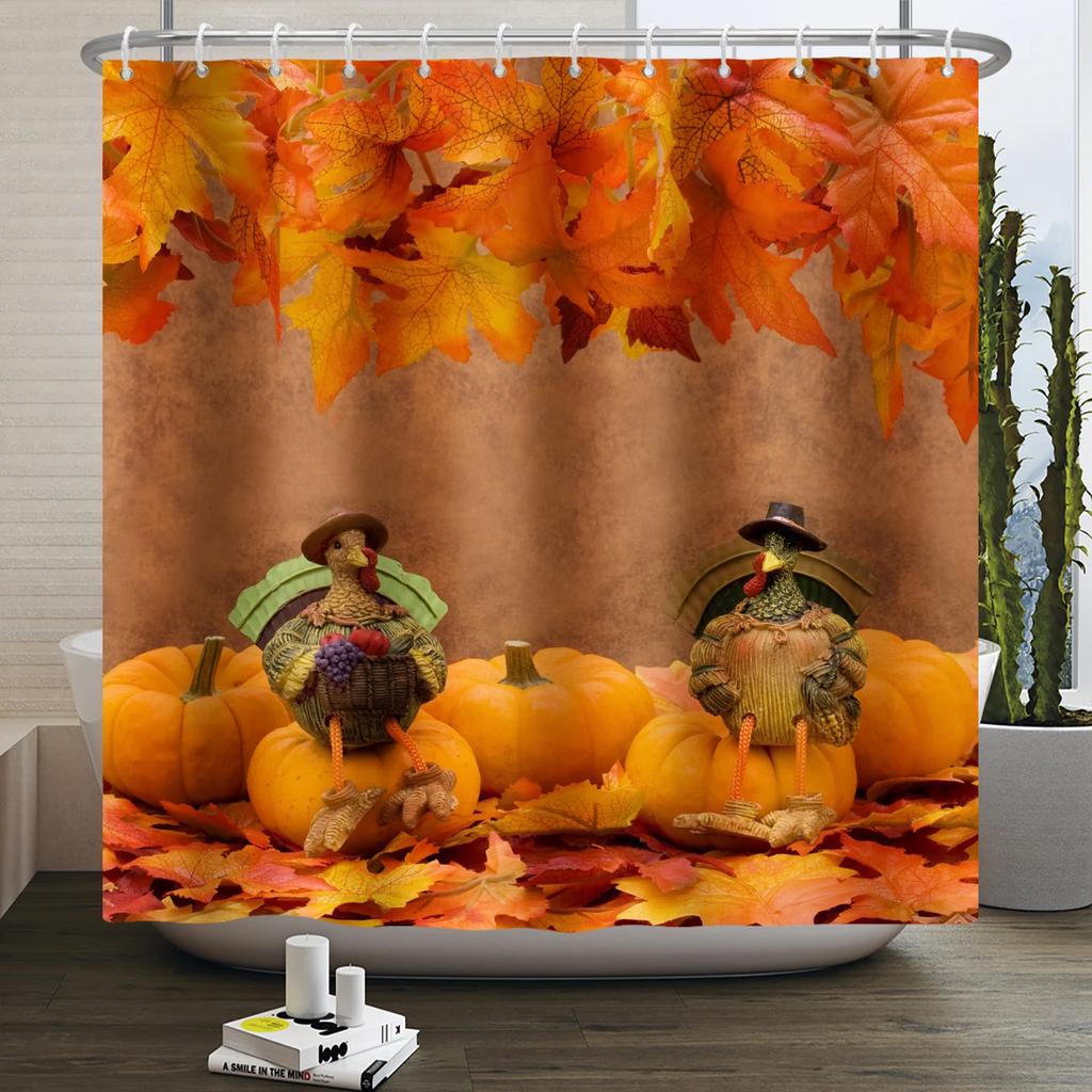 Autumn Forest Maple Shower Curtain Natural Jungle Leaves Pumpkin Fall Bathroom Shower Curtain Waterproof Shower Curtain Decor