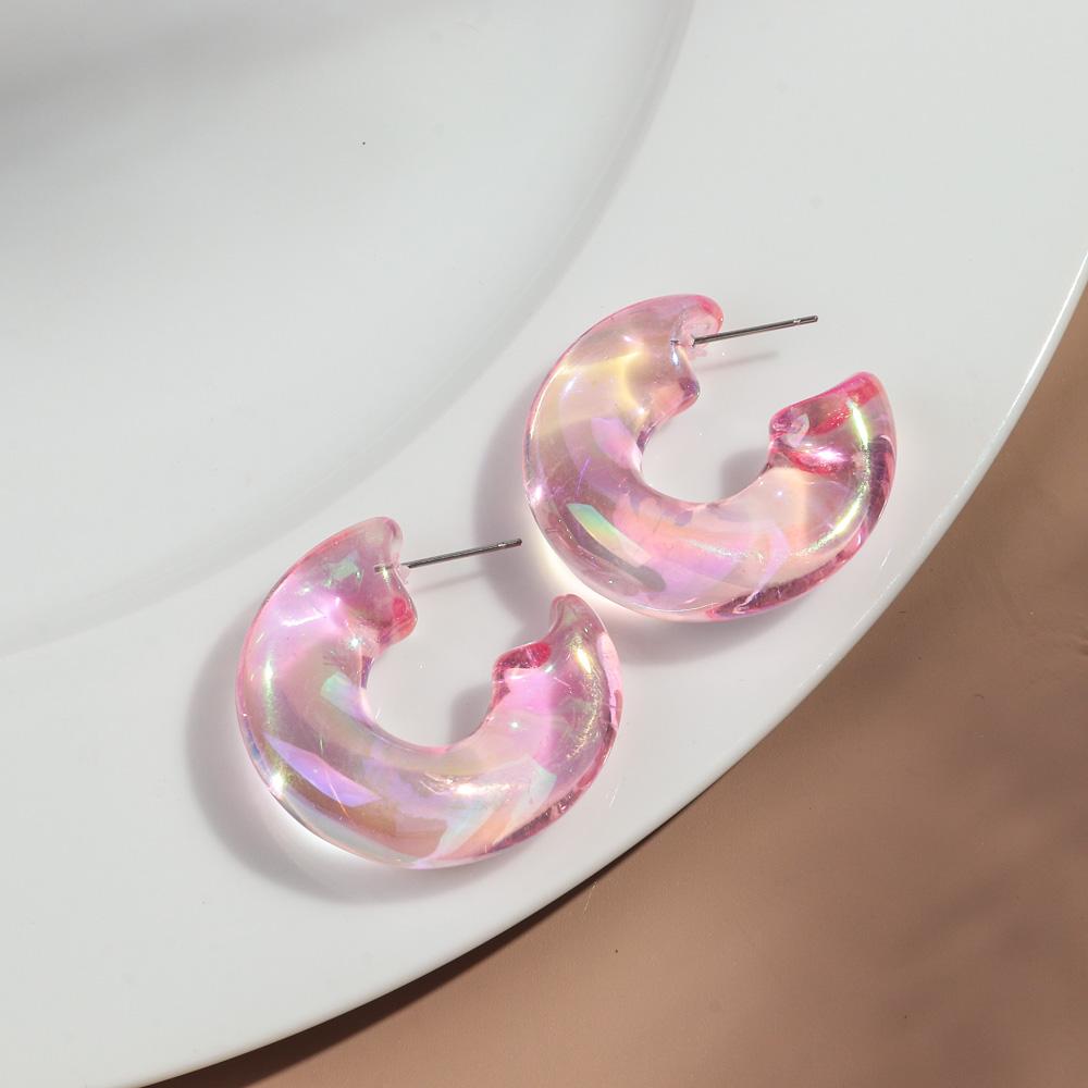 New Laser Acrylic Circle Hoop Earrings for Women Iridescent Transparent C-Shaped Huggies Earring Korean Fashion Jewelry Gifts розовый