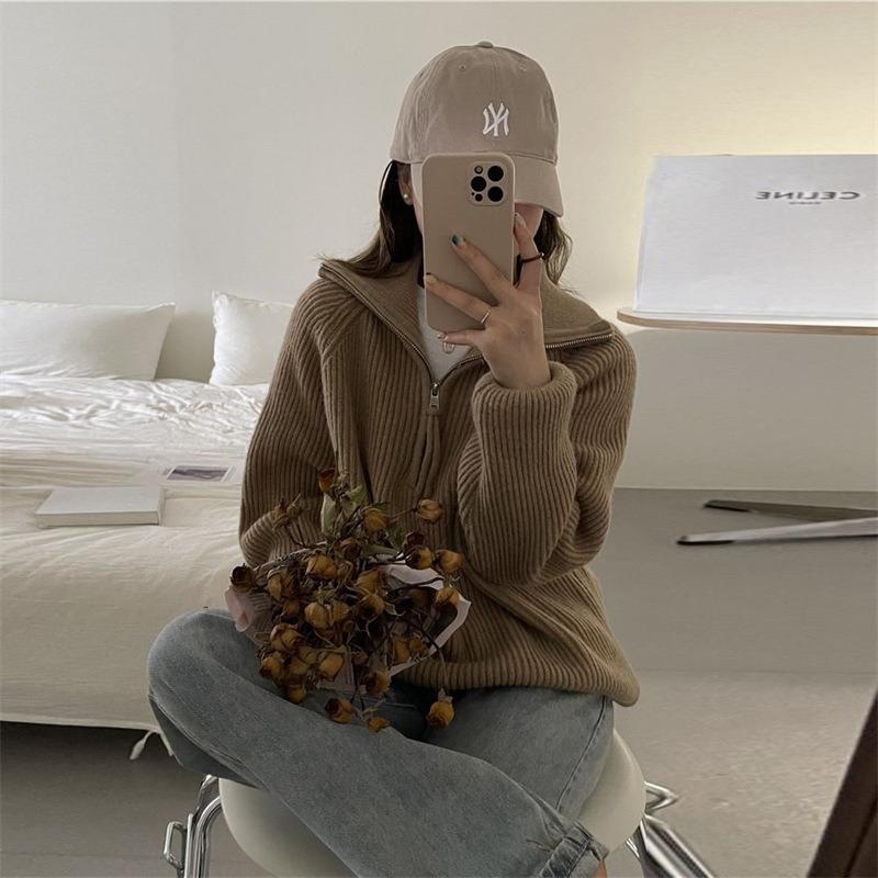 Autumn Winter Stand Collar Loose Casual Zipper Pullover Sweater Women Solid Color All-match Bottomed Knitting Top