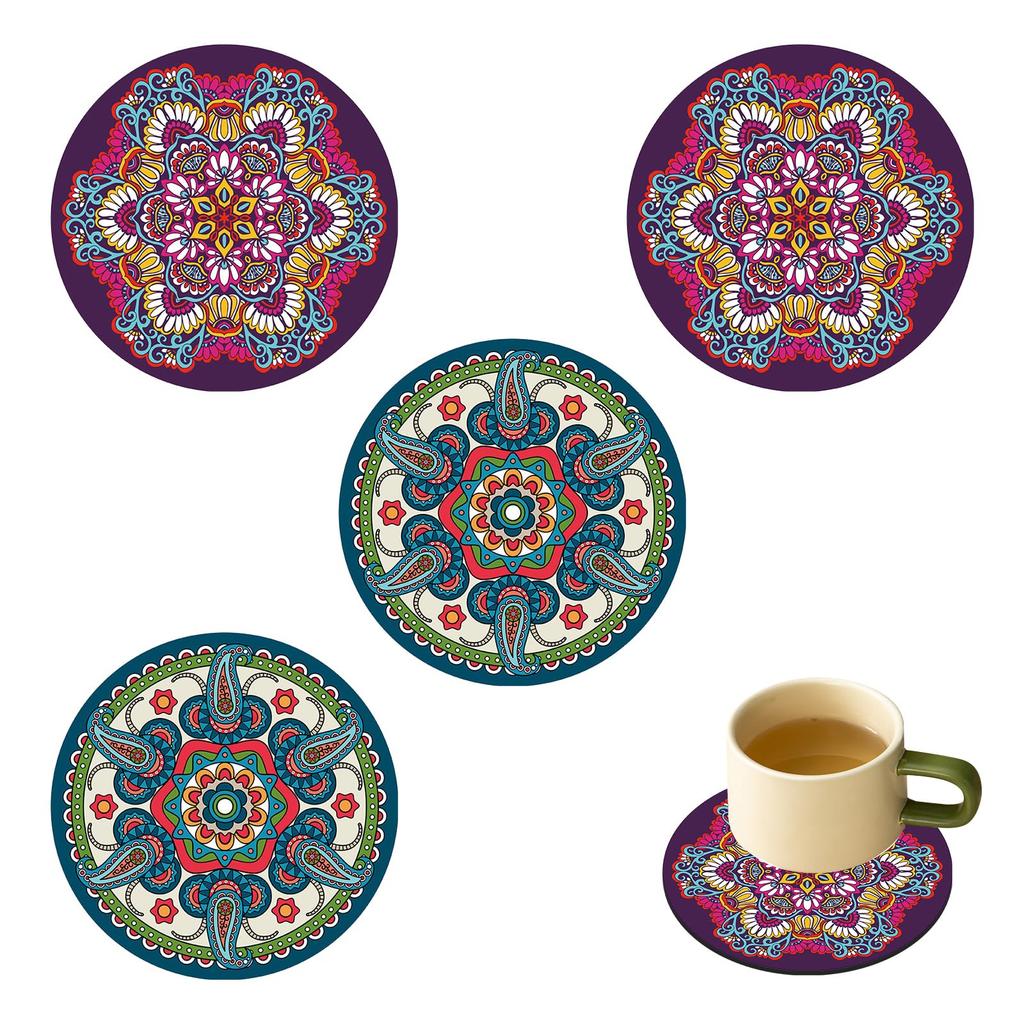 Coollooda Colorful Mandala Bar Coasters [Set of 4] Silicone Coasters, Cup Mats, Non-Slip, Round, Highly Absorbent, Insulating, Quick-Drying, Stylish,