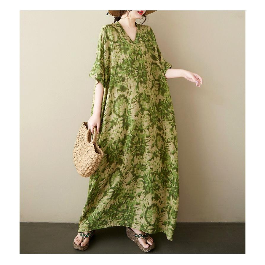 

Summer Literary Retro V-neck Temperament Plus Size Women s Cotton and Linen Shoulder Sleeveless Long Printed Short-sleeved Dress onesize