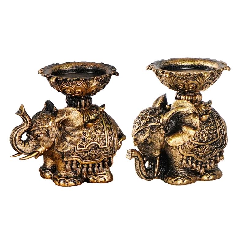 Lucky Antiqued Elephant Candle Holder Animal Statue for Desktops Centerpieces
