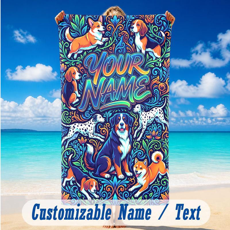 Dog Theme Beach Towel Personalized Custom Name & Text Soft Quick Dry Beach Towel for Swimming Travel