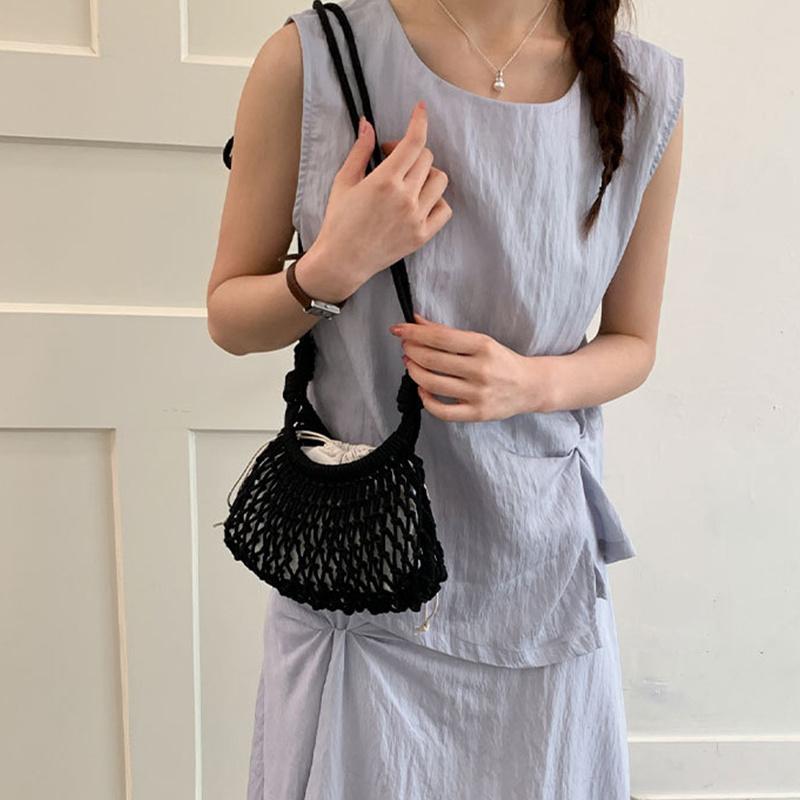 Yogodlns Summer Woven Net Shoulder Bag for Women Beach Hollow Out Crossbody Bag Retro Bohemian Vacation Daily Use Purse