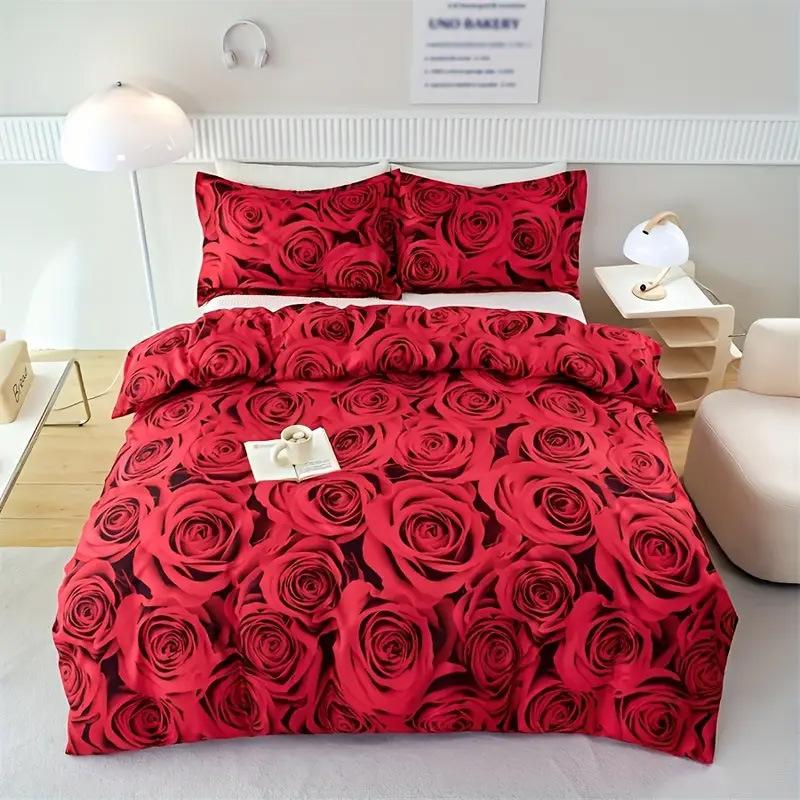 Wish Home Textiles Red Rose 3D Printing Bedding Three-Piece Set