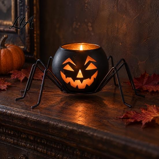 Funny Shadow Projector Halloween Pumpkin Glass Candle Holder, Iron Art Tealight Lantern for Tabletop Window Indoor Decorative Votives And Fireplace