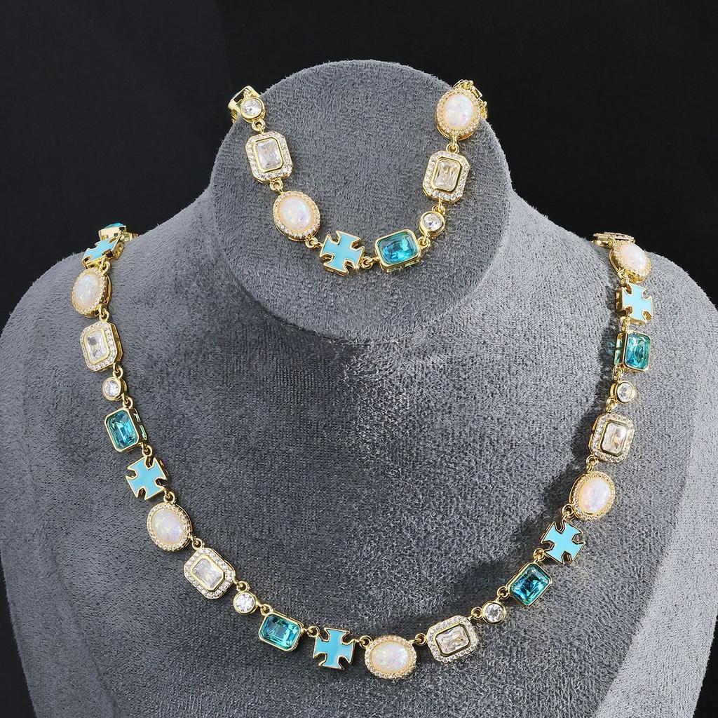 Hip Hop Mixed Oil Drip Cross Gemstone Opal Men'S Necklace Light Luxury Jewelry