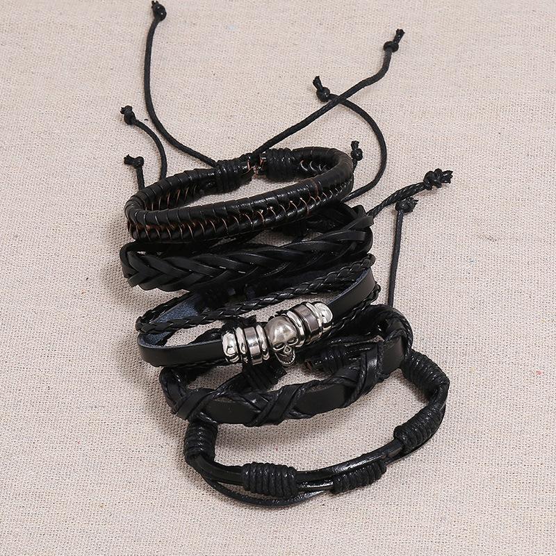 Hot Selling Punk Style Vintage Leather Bangle Set Handmade Mens Bracelets with Skull Accessories Fashionable Jewelry Accessory
