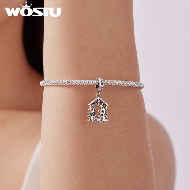 WOSTU 925 Silver Jesus Nativity Scene Charm The Birth Of Jesus Pendant Fit Bracelet Necklace Making DIY Unqiue Gift