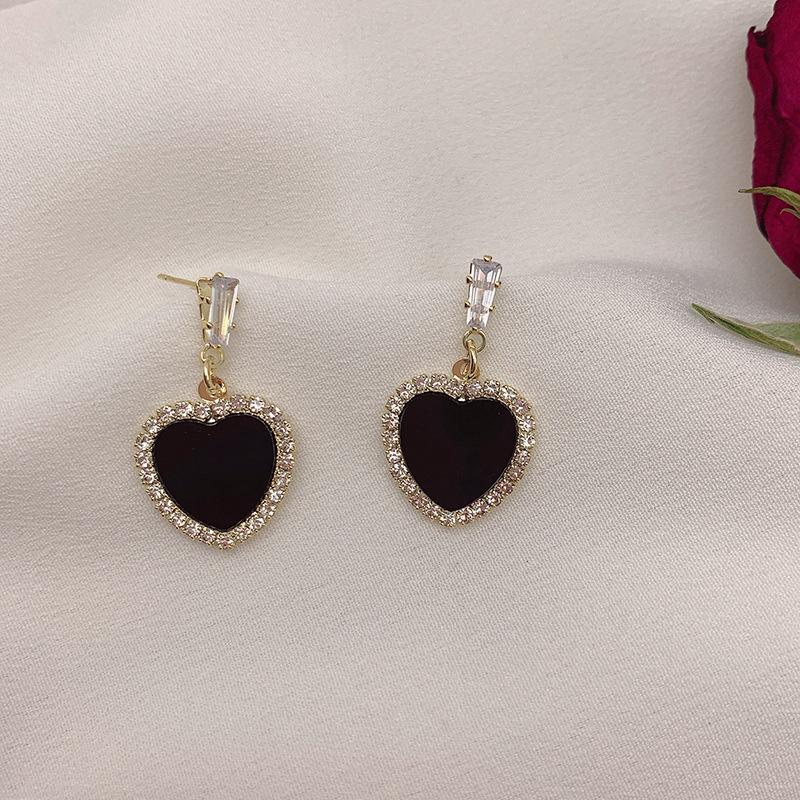 

Fashion Black Acrylic Heart Dangle Earrings for Women Rhinestones Crystal Drop Earrings for Girls Party Romantic Lovely Zircon