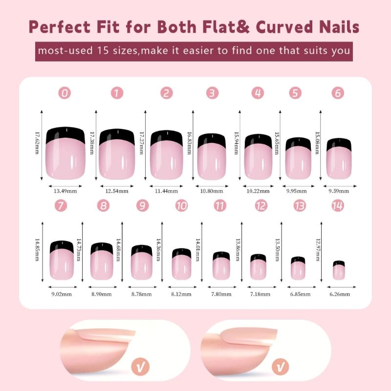 150Pcs Black French Tip Gel Nail Tips Short Coffin Shape Press on Nails Short for Women False Nails 15 Sizes