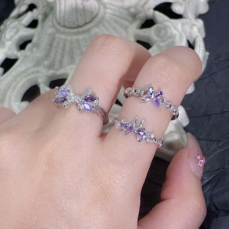 Color Treasure Purple Diamond Zircon Super Fairy Butterfly Open Ring Femininity Niche Design Pink Diamond High-End Ring
