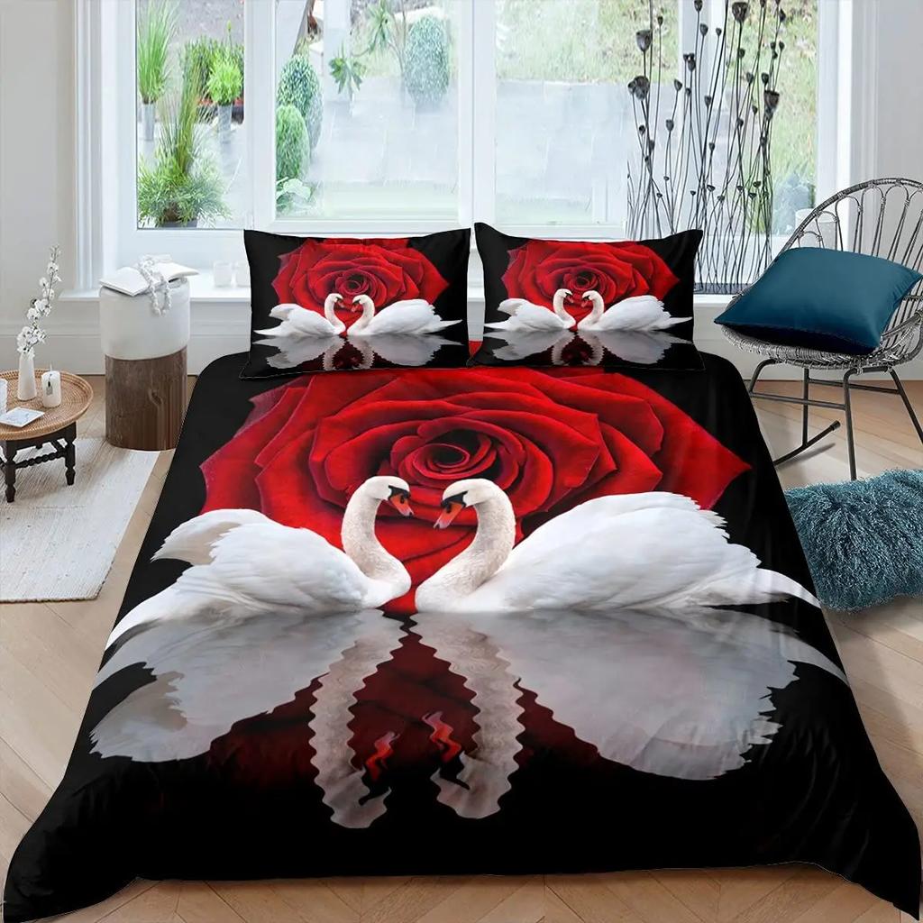 Copripiumino Cigno Bianco e Nero Copripiumino Cigno Queen Copripiumino Uccello Microfibra Romantico Fiore Animali Selvatici Copripiumino