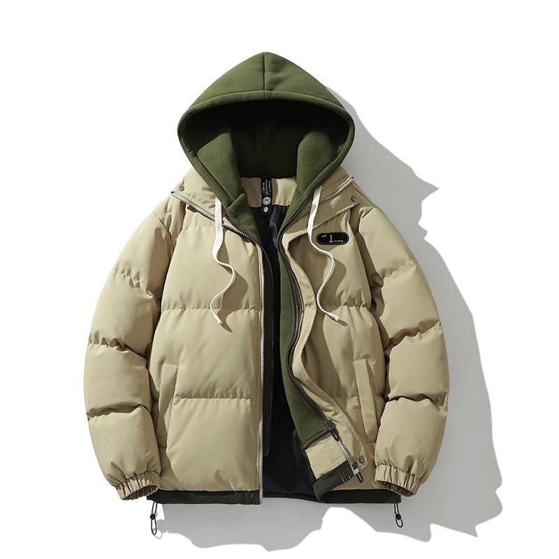 Winter Cotton-padded Couple Cotton-padded Jacket Trendy Fake Two-piece Color Matching Loose and Thickened Men's Hooded Bread-padded Jacket