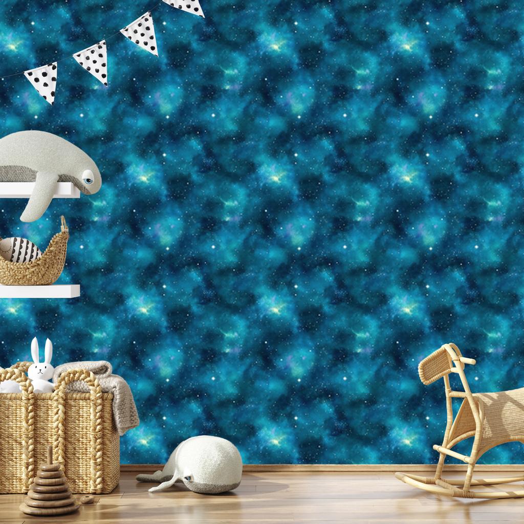 Watercolor Galaxy Wallpaper In Turquoise, Navy Blue, and Mint 50x1000