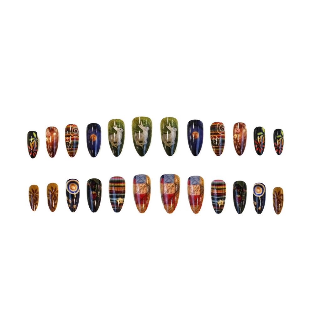24Pcs Vintage Plaid Press On Nails Moon Shadow Strawberry Rabbit Y2k Star Glossy Almond False Nails