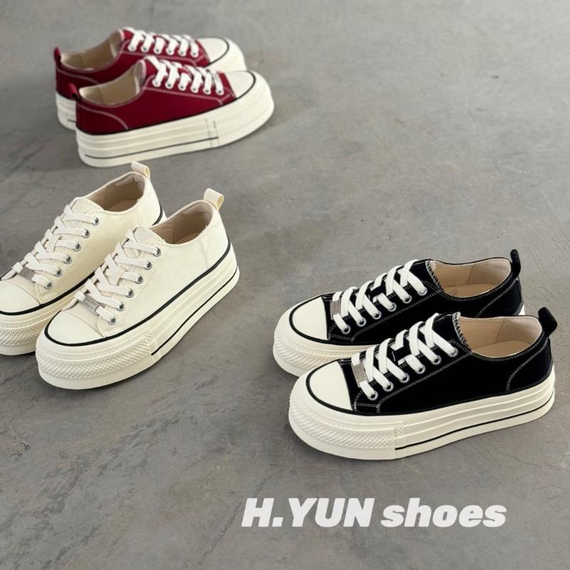 Platform Canvas Shoes Women's Spring New Round Head Muffin Bottom Lace-up Breathable Low-top Casual Sports Board Shoes