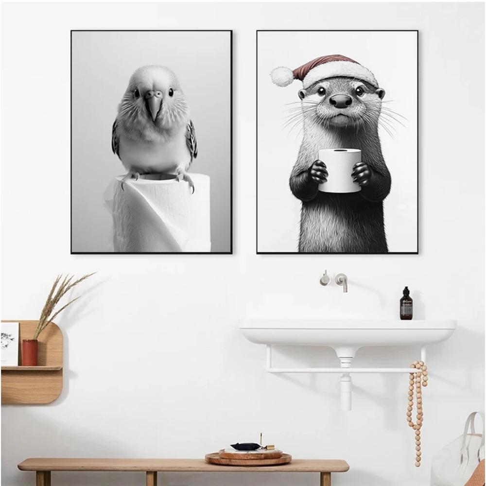 Schwarz-Weiß Tier Badezimmer Poster Eule Weihnachts-Countdown Otter Drucke Leinwand Malerei Wandkunst Bild Heim Badezimmer Dekor
