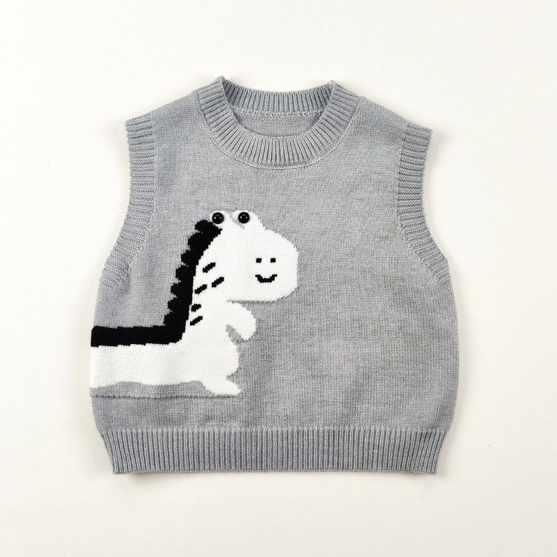 Children s Vest Spring and Autumn Children s Clothing Boys  Korean Style Jacquard Sweater Girls  Sleeveless Shoulder-Cut Baby Knit Vest Cartoon Dinosaur Wool Vest 100