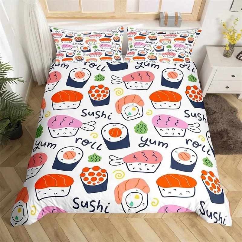 

Cartoon Panda Sushi King Duvet Cover Japanese Style Cherry Blossom Comforter Cover Queen Microfiber Koi Fish Floral Bedding Set EU Single(135*200cm)3pcs