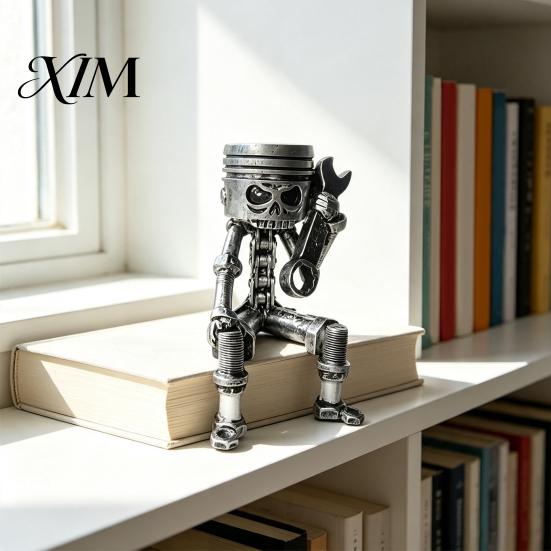 Cyberpunk Style Collectible Mechanical Skull Figurine with Gear Base, Industrial Piston-Head Skeleton Statue Wrench, Gift for Car Lovers Gearheads