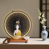 Buddha Statue for Home Decor, Yellow Robe Ceramic Buddha Figurine with Circle LED Light, Zen Meditation Decor for Living Room