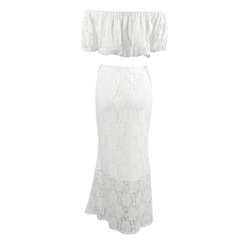 2026 Elegant White Lace Dress Set Women French Strapless Long 2 Piece