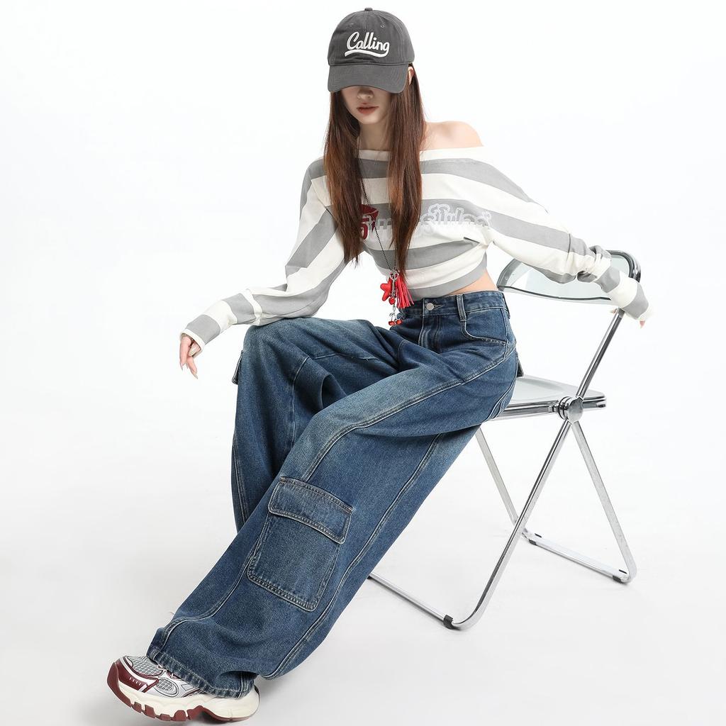 Early Spring Vintage High Waist Floor Wide Leg Cargo Denim Pants For Ladies Casual Pants Oversize Denim Trousers