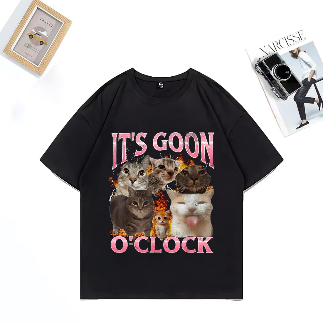 2025 Summer Funny ITs GOON OCLOCK Cat Graphics 100 Pure Cotton Printed Tshirt Men Casual Hip Hop Streetwear Short Sleeve S