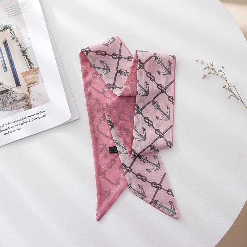 Summer French Retro Pink Tied Hair Small Floral Long Silk Scarf Headband Braided Hair Chiffon Thin Ribbon Scarf