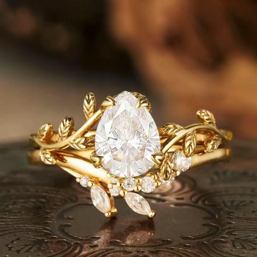 

European Wheat Ear Gold Zircon Couple Rings - Light Luxury Jewelry Size 8