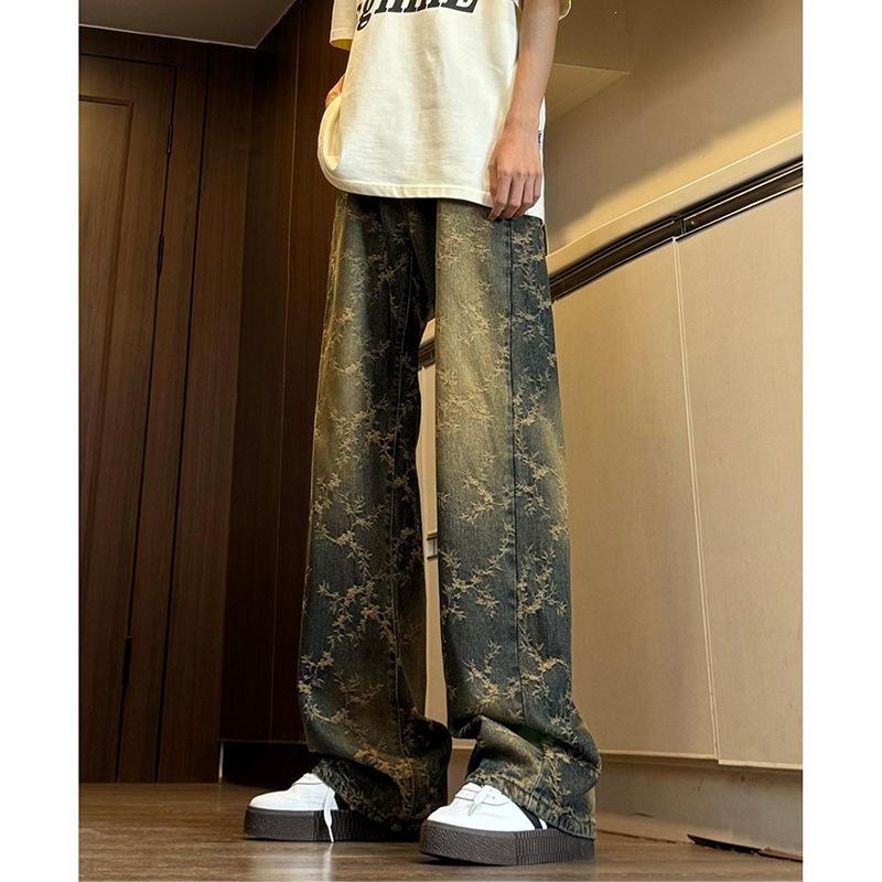 Bramble jacquard jeans American high street vibe pants men's washed spring and autumn new straight slightly curved pants