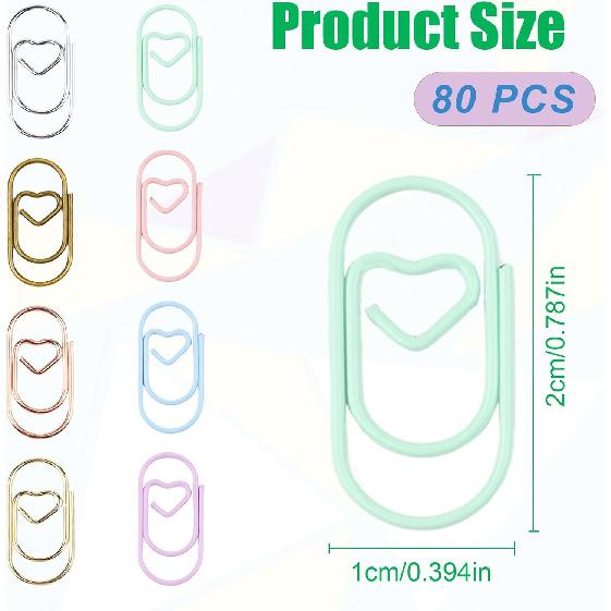 80 Pcs Heart Paper Clips - Love Heart-Shaped Small Clip Metal Journaling Clamps, Colorful Decorative Cute Paper Clips for Women, Document Note