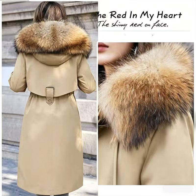 Womens Long Parka Coat Removable Faux Fur Lined Winter Hooded Leather Jacket