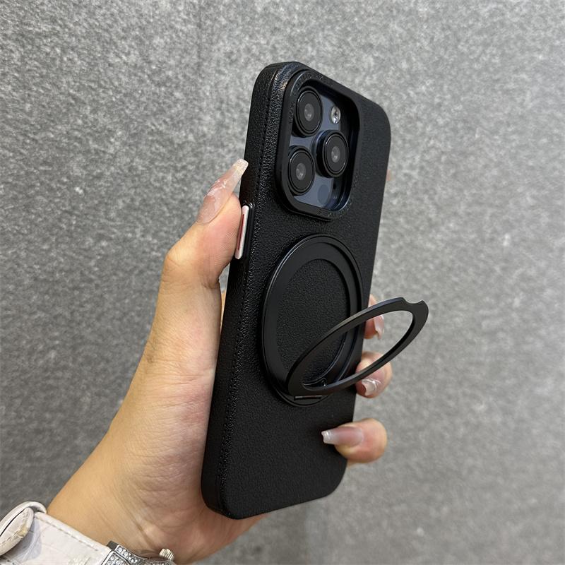 360 Metal Finger Ring Kickstand Magnetic Charging Case For iPhone 12 13 14 15 16 Pro Max Business Leather Metal Buttons Cover