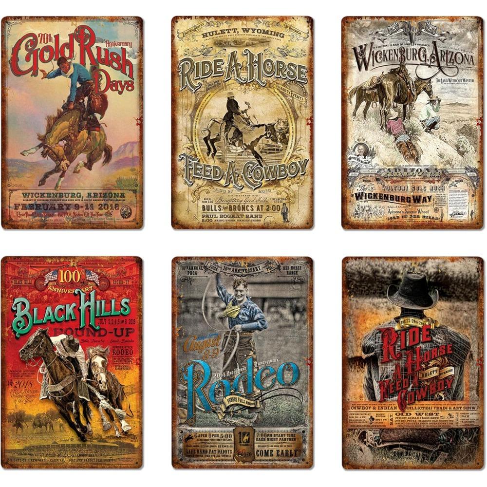 

Fcimu 6 Pcs Rustic Western Cowboy Tin Signs - Vintage Retro Cowboy Code Wall Art for Bedroom Garage Bar Coffee Kitchen Home 20x30cm（7.8x11.8inch）