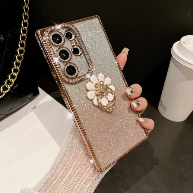 For Samsung Galaxy S25 Ultra Luxury Plating Rhinestone Frame Diamond Ring Stand Phone Case For Samsung S22 S23 S24 S25Plus Cover