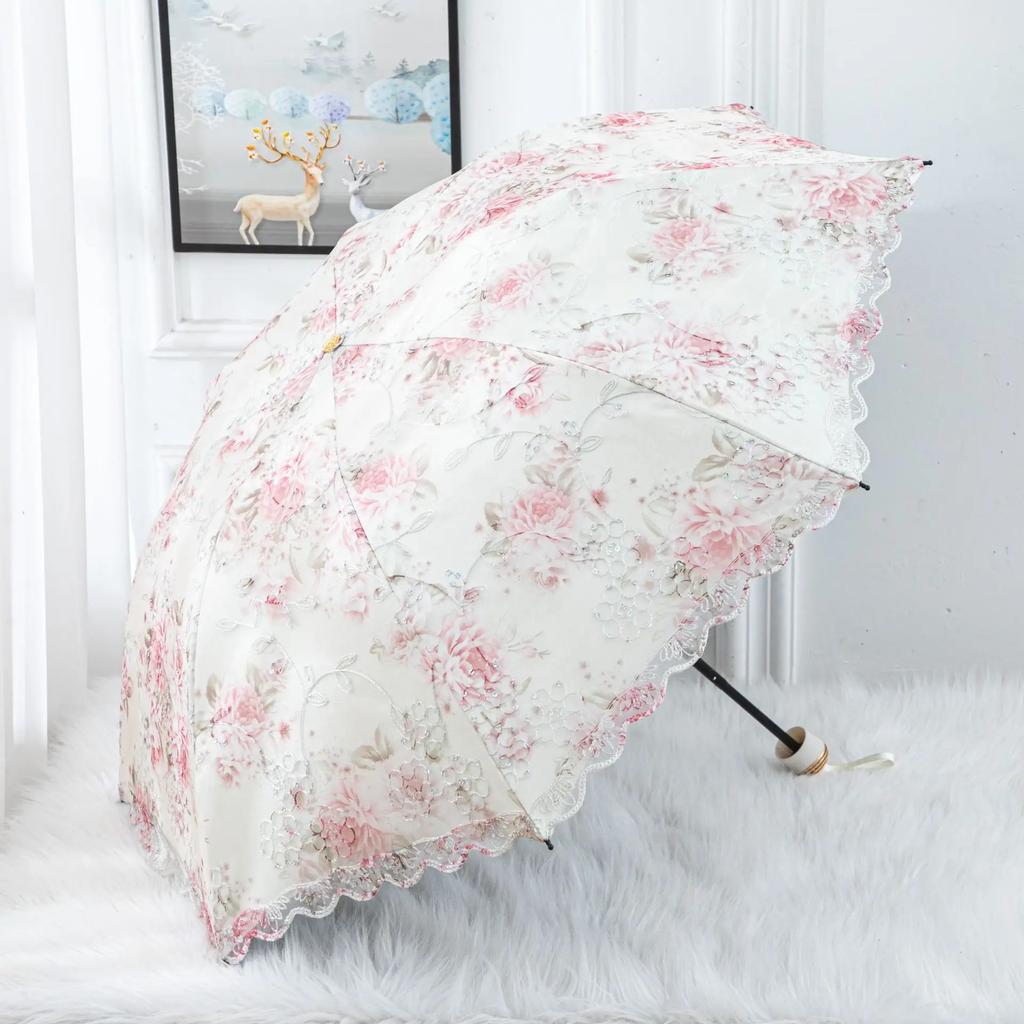 Double-layer Lace Umbrella Creative Embroidered Three-fold Princess Sunshade Umbrella Sun Protection Black Rubber Sun Umbrella