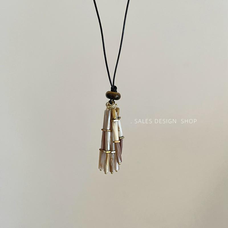 Vintage Tiger Eye Bead Necklace with Clam Tassel and Waxed Rope