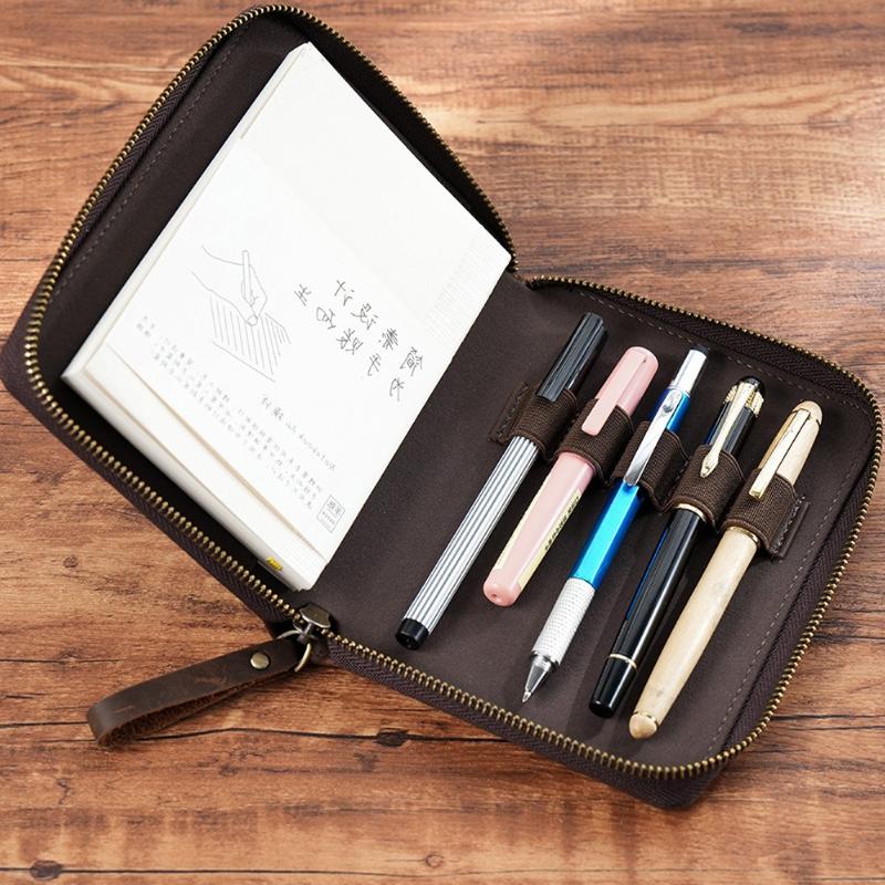 2026 First Layer Grained Cowhide Zipper Pencil Bag Retro Mad Horse Leather Zipper Stationery Bag A6 Book Bill Bag Storage