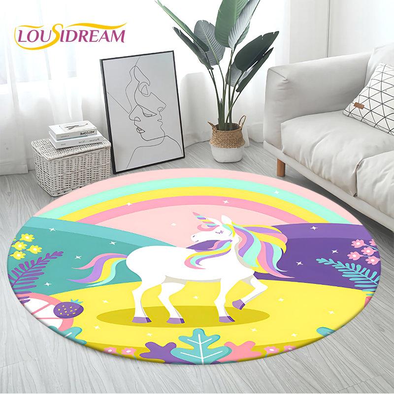 3D Cartoon Cute Unicorn Area Rug Large,Round Carpet Rug for Living Room Bedroom Sofa Decoration,Children Play Non-slip Floor Mat