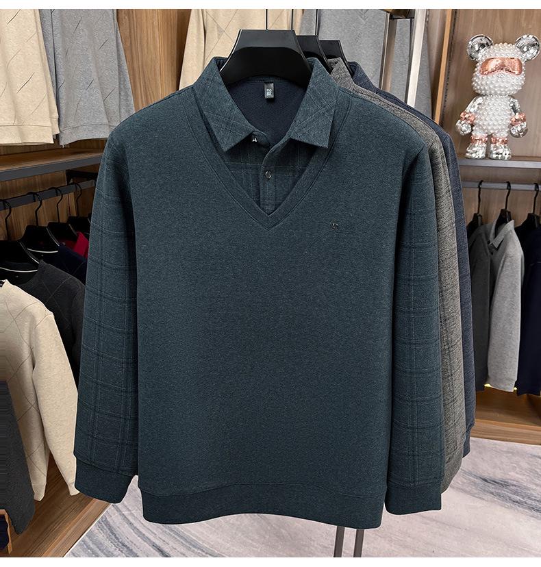 Dicker Samt-Strick-Pullover mit Revers für Männer mittleren Alters und ältere Männer - Stilvoller Zwei-in-Eins Winterpullover